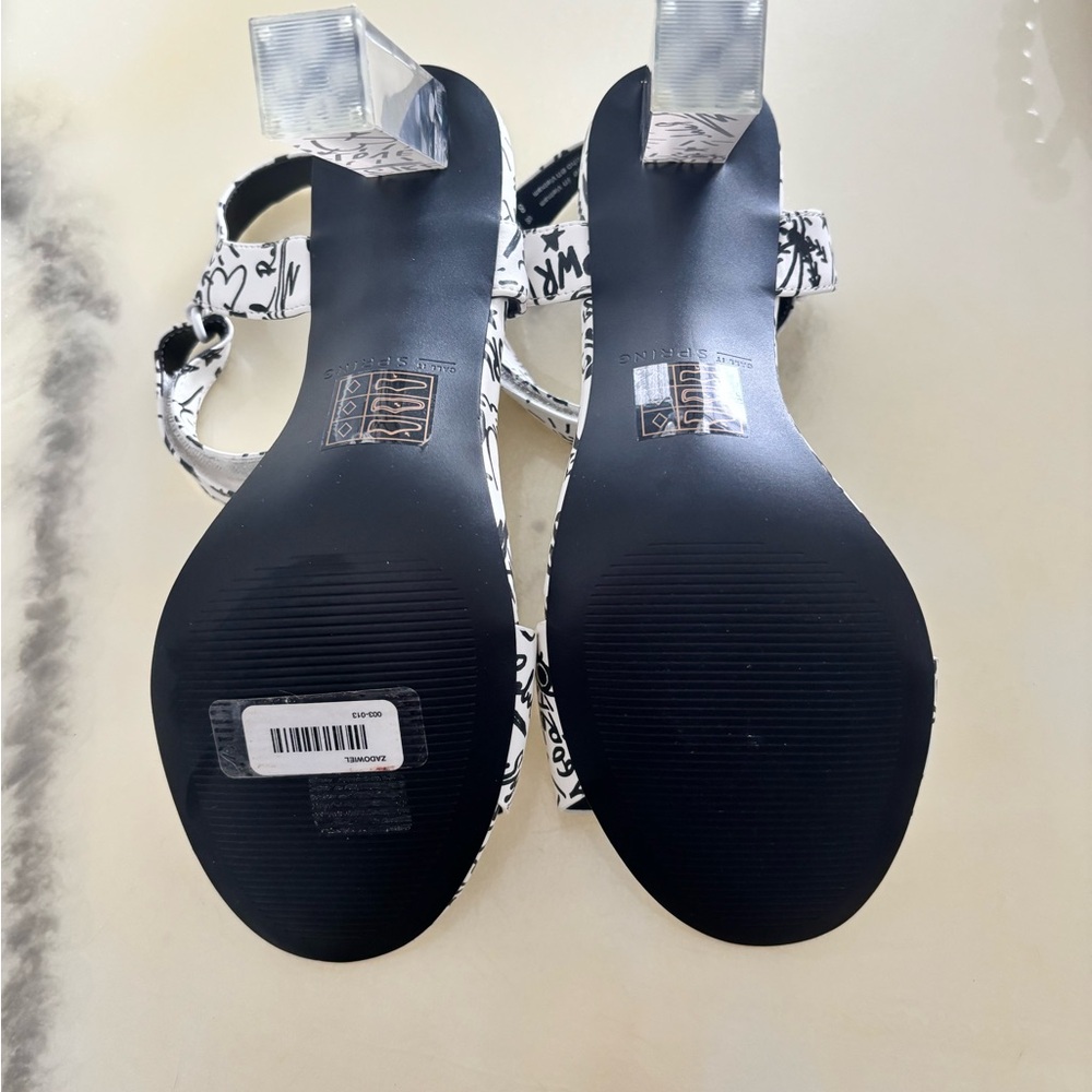 White and Black Graffiti Block Heel Sandals - Picture 5 of 5